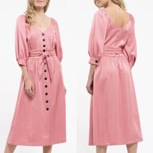NWT Moon River by Anthropologie Puff Sleeve Button Down Belted Midi Dress Pink M